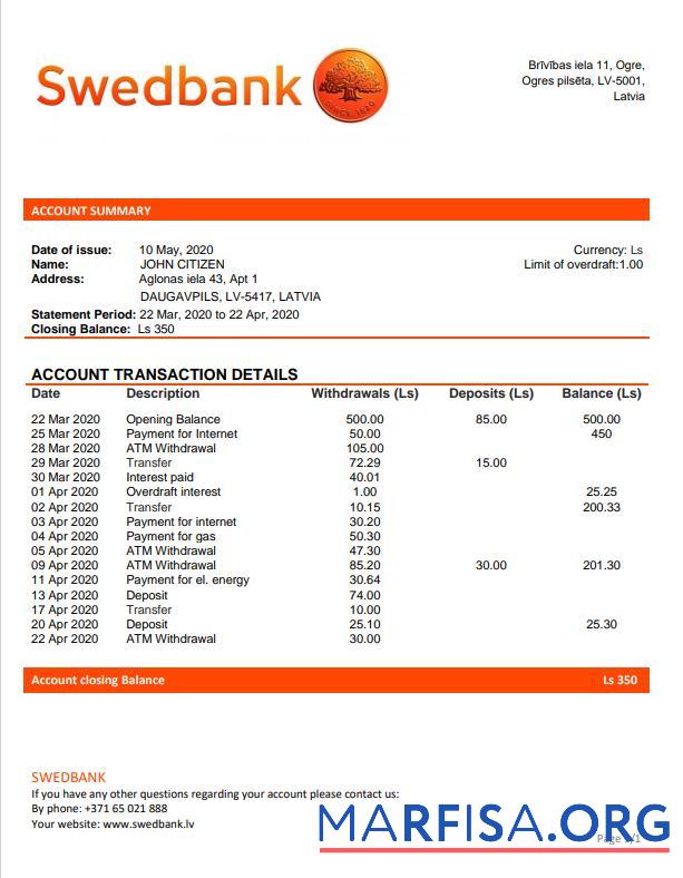 Blank Latvia Swedbank bank statement word.1 real example